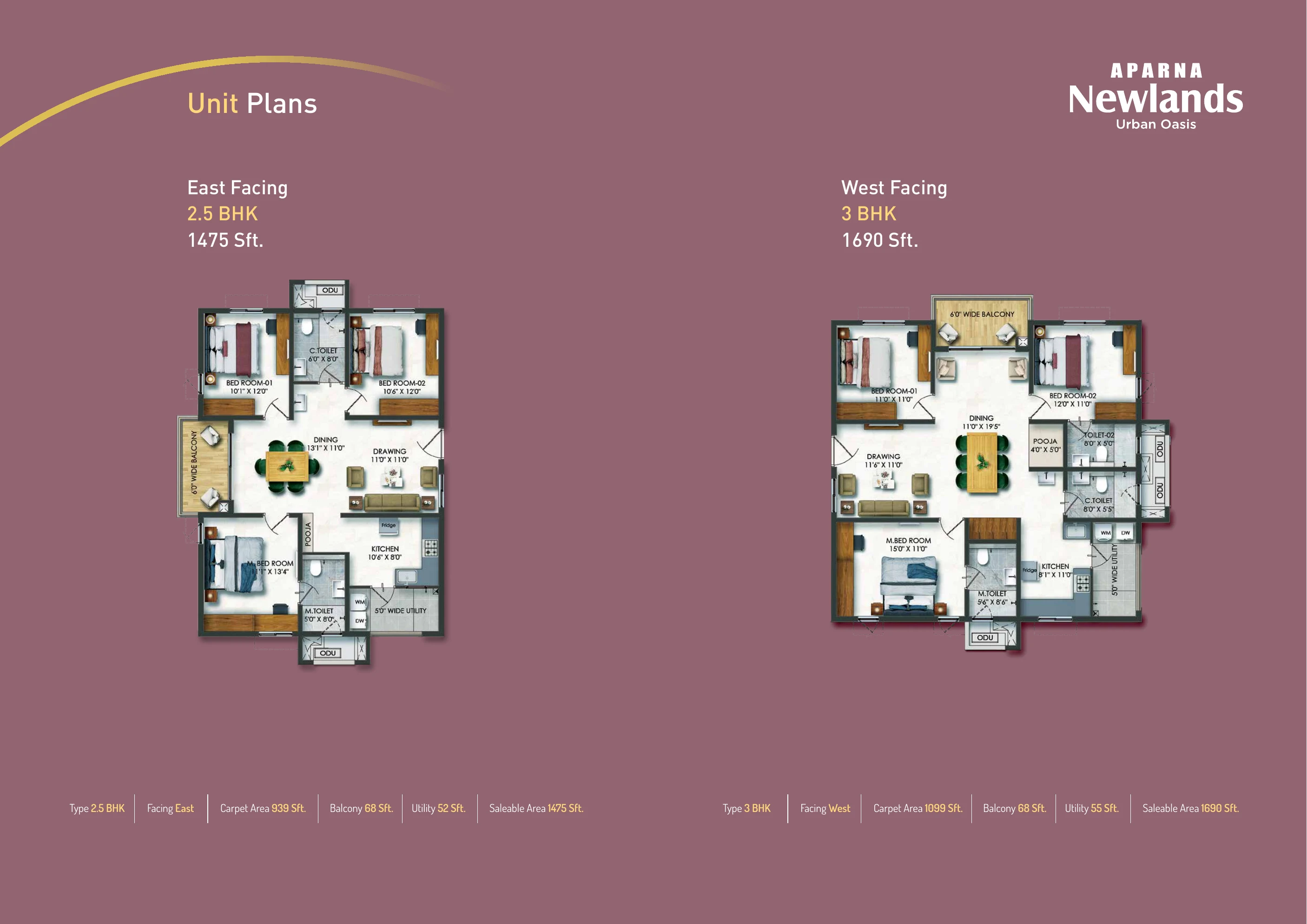 Aparna Newlands 2.5 and 3 BHK unit plans